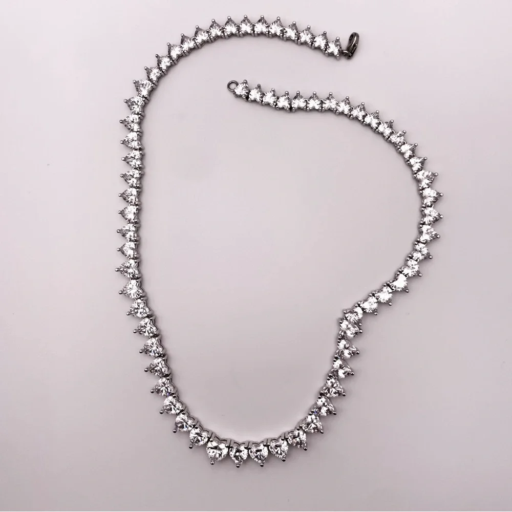 Silver Toned Heart Shaped Cubic Zirconia Tennis Necklace. 22 Inches. - Picture 3 of 13